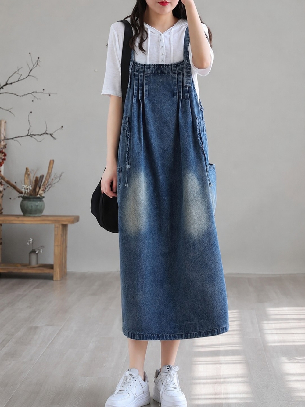 OVERSIZED DENIM PINAFORE MIDI DRESS ADJUSTABLE STRAPS SIDE DRAWSTRINGS